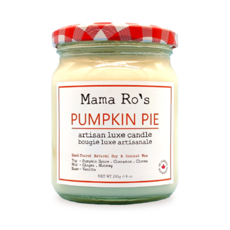 pumpkin pie scented candle in a mason glass jar with red and white checkered lid