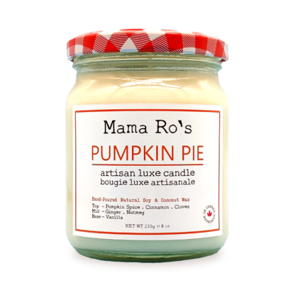 pumpkin pie scented candle in a mason glass jar with red and white checkered lid